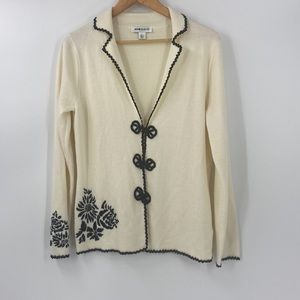 Jones & Co. cream wool blend sweater cardigan jacket with black embroidery